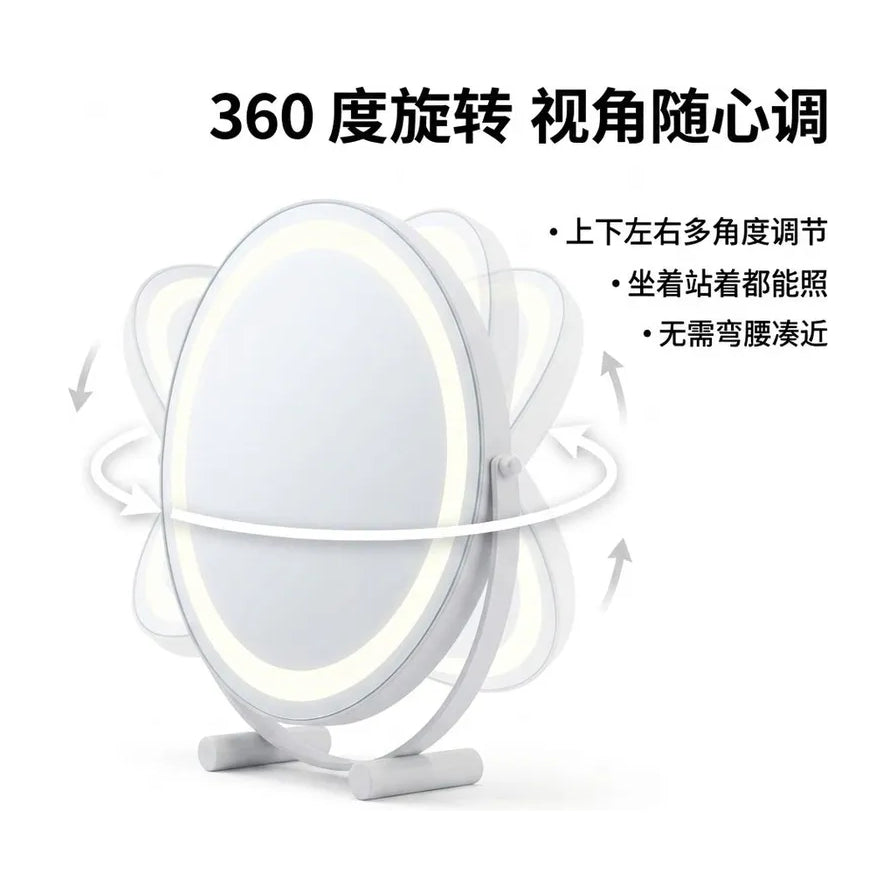 360 度旋转功能示意图，通过动态箭头展示镜面多角度调节，配有中文功能说明。