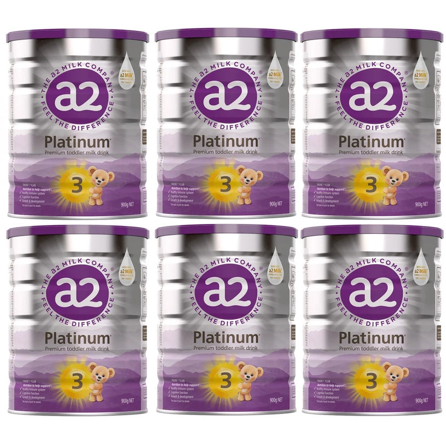 六罐 a2 Platinum 3段幼儿配方奶粉整齐排列展示。