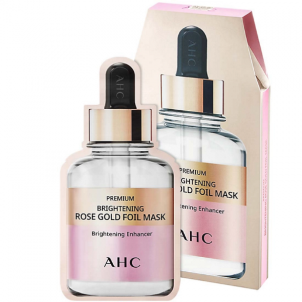AHC 玫瑰金锡纸面膜单片包装正面，展示金色铝箔外层与品牌标识