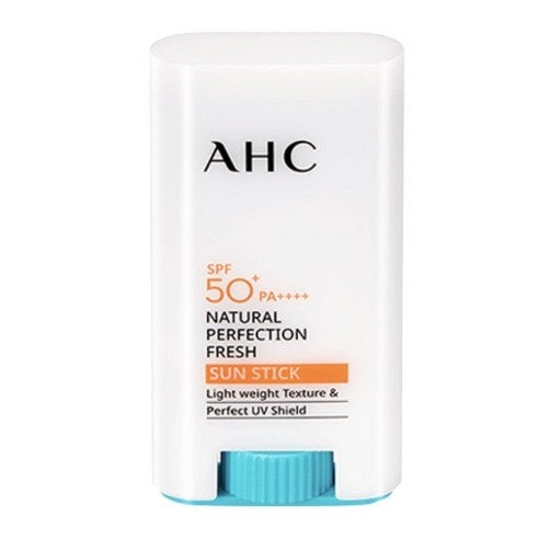 AHC 防晒棒产品正面图，展示白色旋转管身与品牌标识