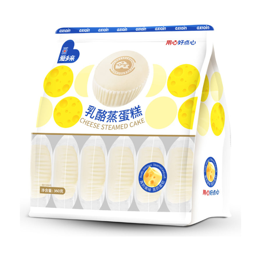 爱乡亲乳酪蒸蛋糕360g大包装，白色包装袋上印有黄色乳酪图案和产品实物图，下方展示了内部独立小包装。