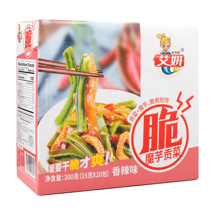 艾妍香辣味魔芋贡菜300g包装盒，正面印有筷子夹起翠绿贡菜与魔芋的特写图，侧面带有营养成分表，包装上有“脆”字样和“香辣味”标识。