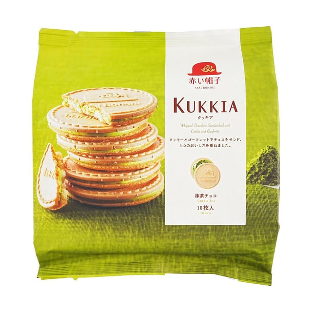 日本红帽子 KUKKIA 抹茶巧克力夹心薄饼正面包装图，展示独立小包装设计