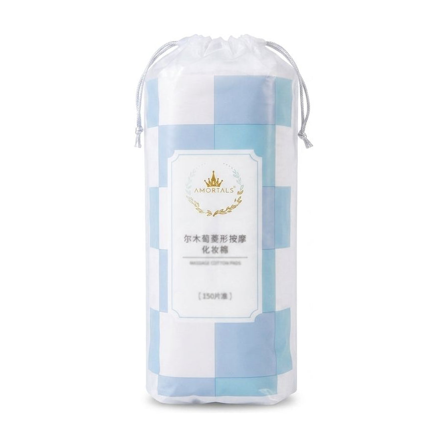 尔木萄菱形按摩化妆棉包装正面图，蓝白格纹束口收纳袋设计，内含 150 片干湿两用卸妆棉。