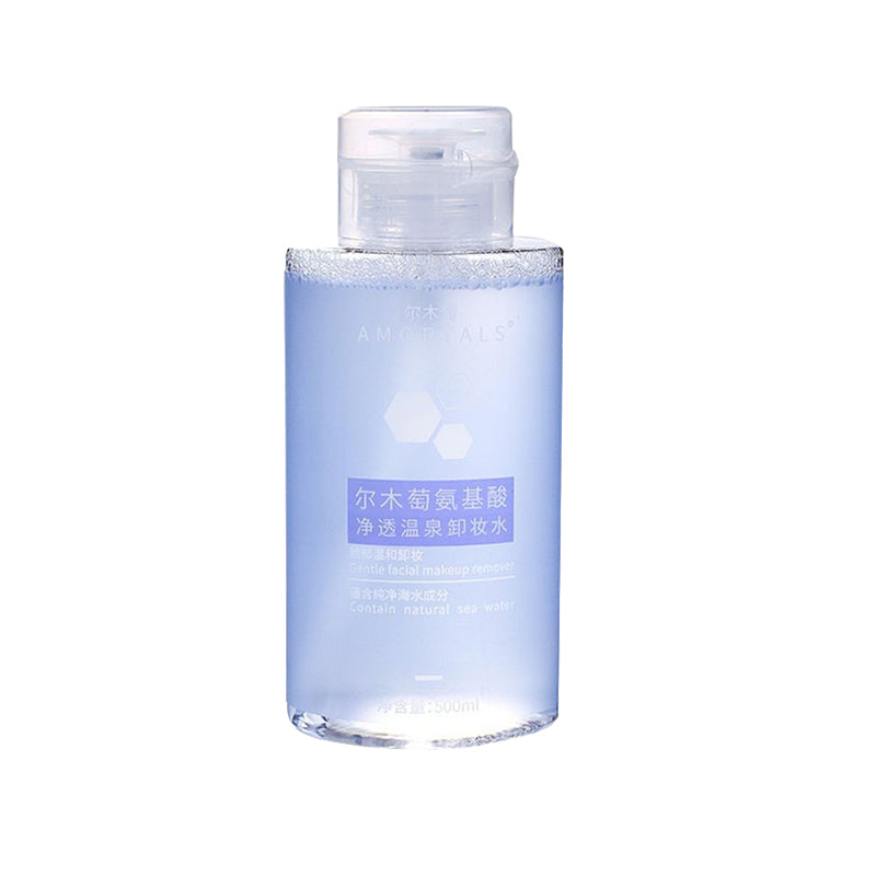 尔木萄氨基酸净透温泉卸妆水标准款，500ml 蓝色透明瓶身正面展示。