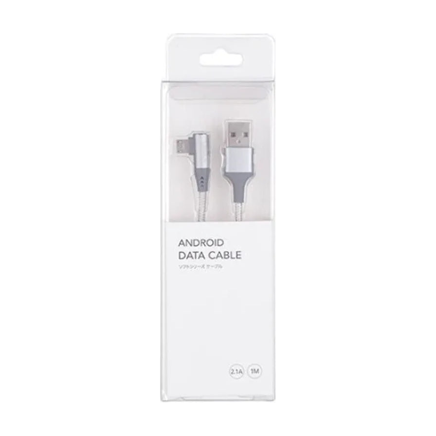 Android Micro USB 编织充电数据线白色包装盒正面图，显示 2.1A 电流和 1M 长度规格。