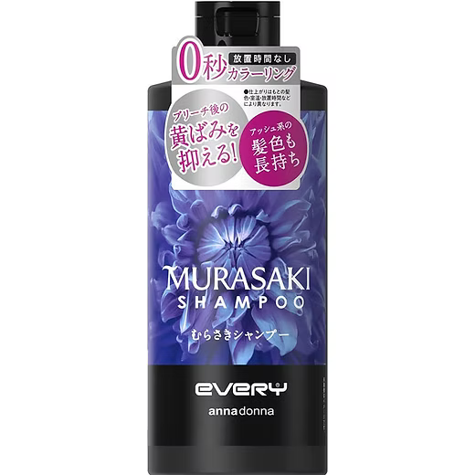 Anna Donna Every Murasaki 紫色固色洗发水正面展示，黑色瓶身印有紫色花卉图案及日文说明。