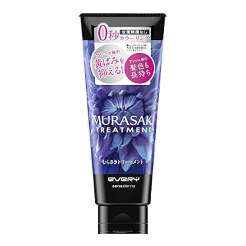 Anna Donna Every Murasaki 紫色护发素软管包装正面图，深蓝色背景搭配紫色花朵设计。