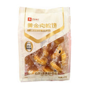 良品铺子黄金肉松饼大包装，内含多个独立小包装肉松饼，包装袋上印有黄金皮馅比、皮薄馅足等字样。