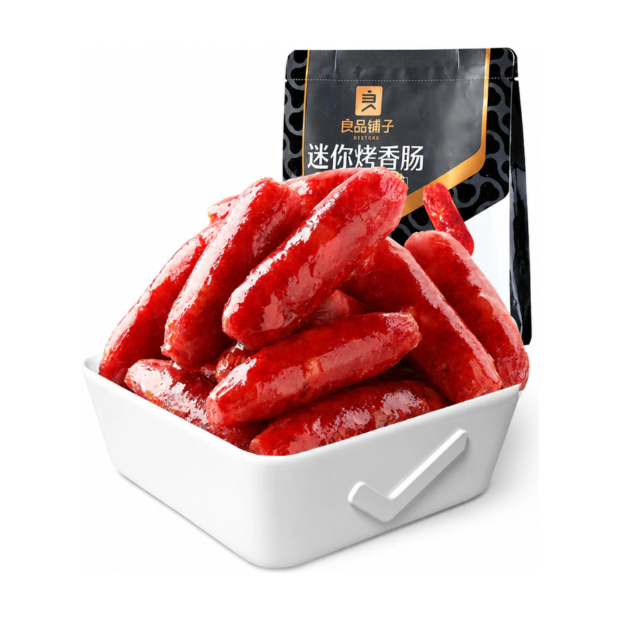良品铺子迷你烤香肠，白色方碗中盛满红亮油润的烤肠，背景为黑色包装袋，纯白背景。