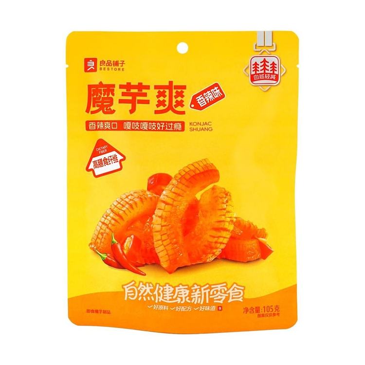 良品铺子魔芋爽香辣味零食包装正面图，红色袋身展示品牌与产品名