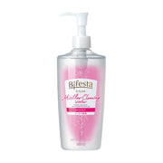 Bifesta 粉色保湿型卸妆水 400ml 正面产品图，透明瓶身配白色泵头，标签可见 Micellar Cleansing Water MOIST 字样。