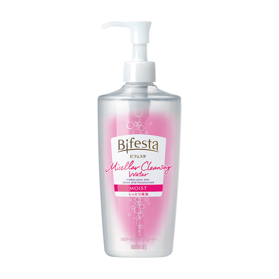 Bifesta 粉色保湿型卸妆水 400ml 正面产品图，透明瓶身配白色泵头，标签可见 Micellar Cleansing Water MOIST 字样。