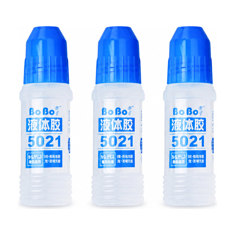 三瓶并排展示的5021大号液体胶水，白色瓶身配蓝色密封盖，瓶身印有BoBo品牌标识及5021型号。