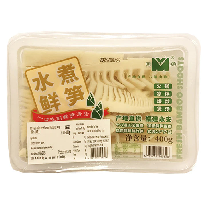 标准规格水煮鲜笋尖变体图，展示 400g 袋装外观与品牌标识