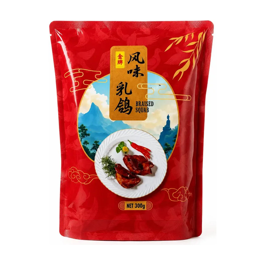 金牌广东风味即食乳鸽300g红色包装袋正面，包装上印有风味乳鸽、Braised Squab字样及成品展示图。