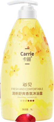 卡俪浴见清新舒爽香氛沐浴露 1L 正面展示，黄色瓶身配花卉图案及按压泵头