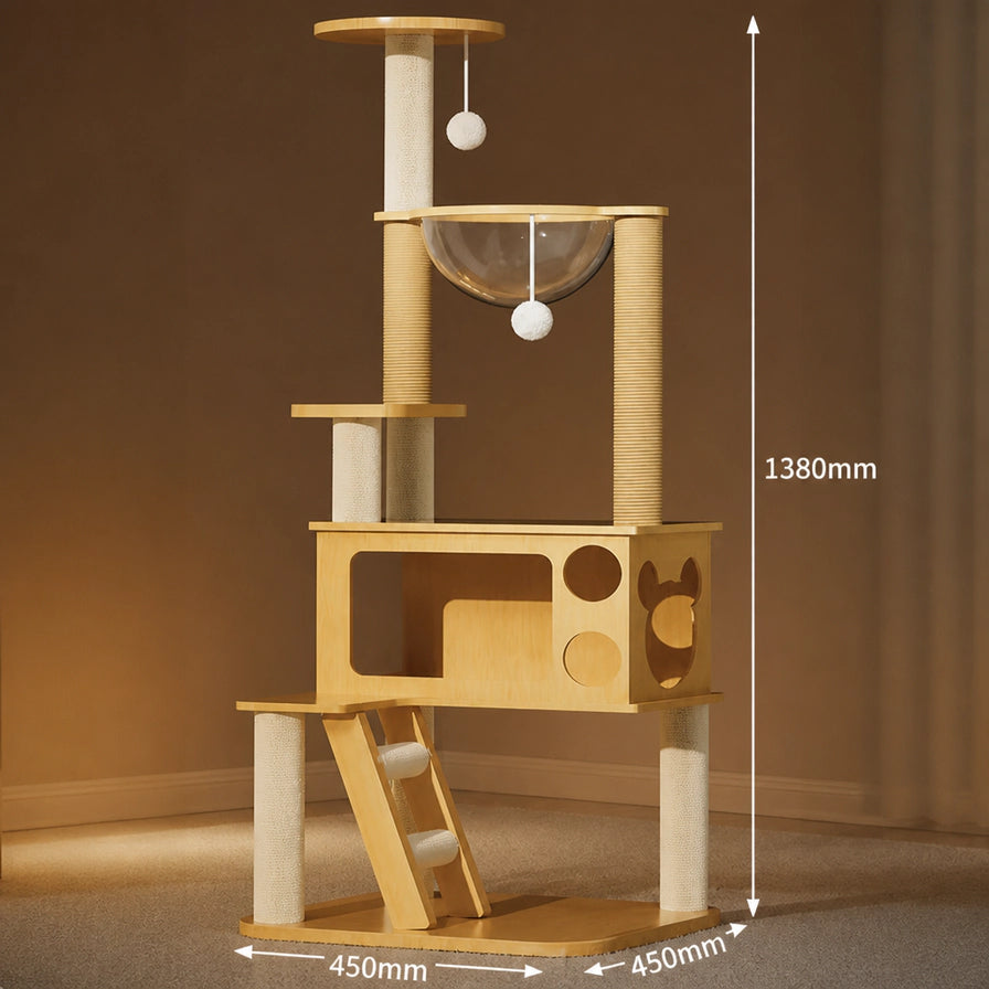 喵仙堡02猫爬架尺寸示意图，标注高度1380mm，占地面积450x450mm，室内温馨场景。
