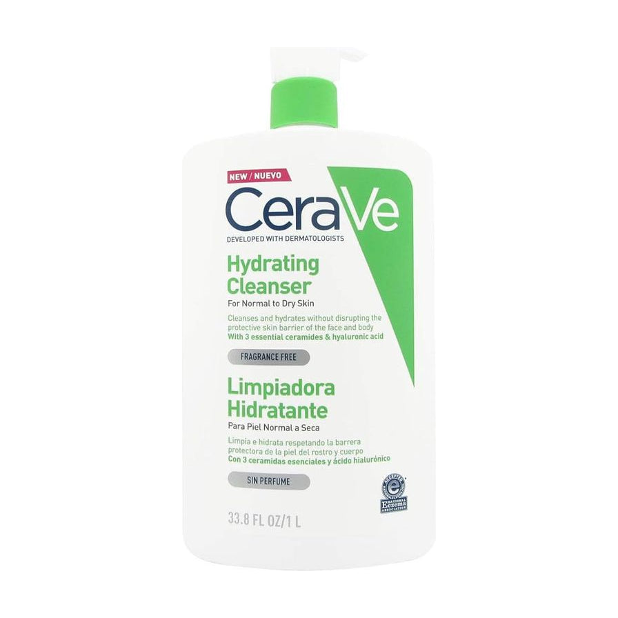 CeraVe 适乐肤保湿洁面乳 1L 大瓶装正面图，白色瓶身配绿色泵头，标签显示无香精配方。
