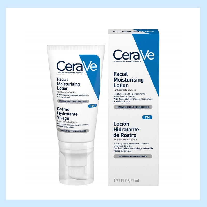 CeraVe PM 夜间修护保湿乳正面展示，白色瓶身配蓝色标签，适合熬夜护肤