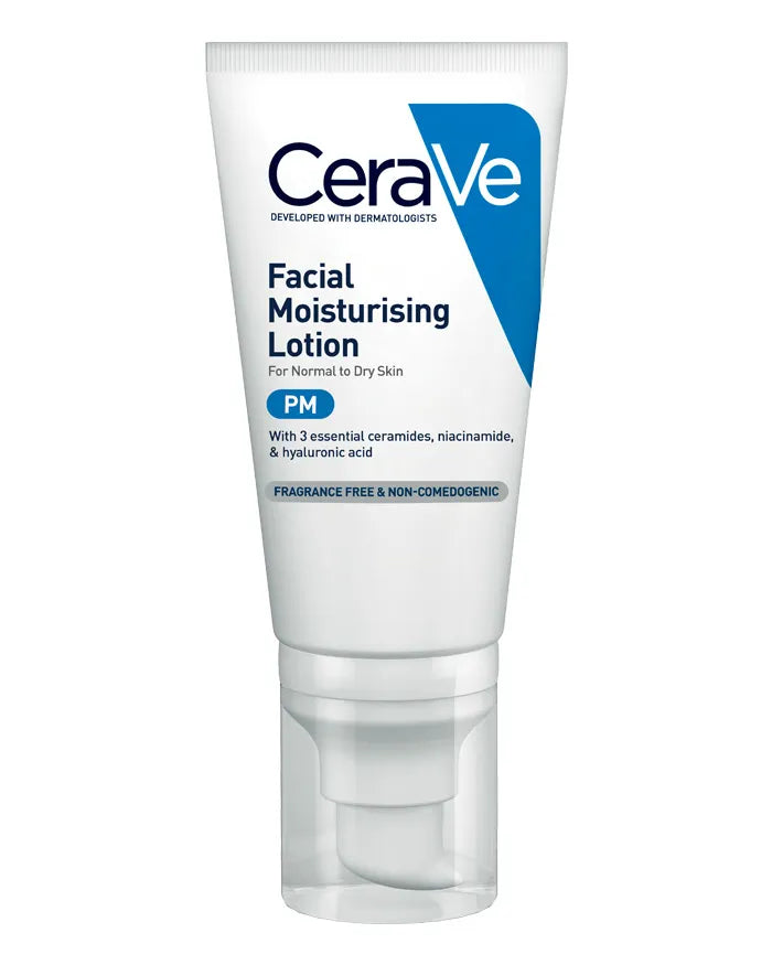 CeraVe PM 夜间修护保湿乳液正面包装图，白色瓶身配蓝色标签