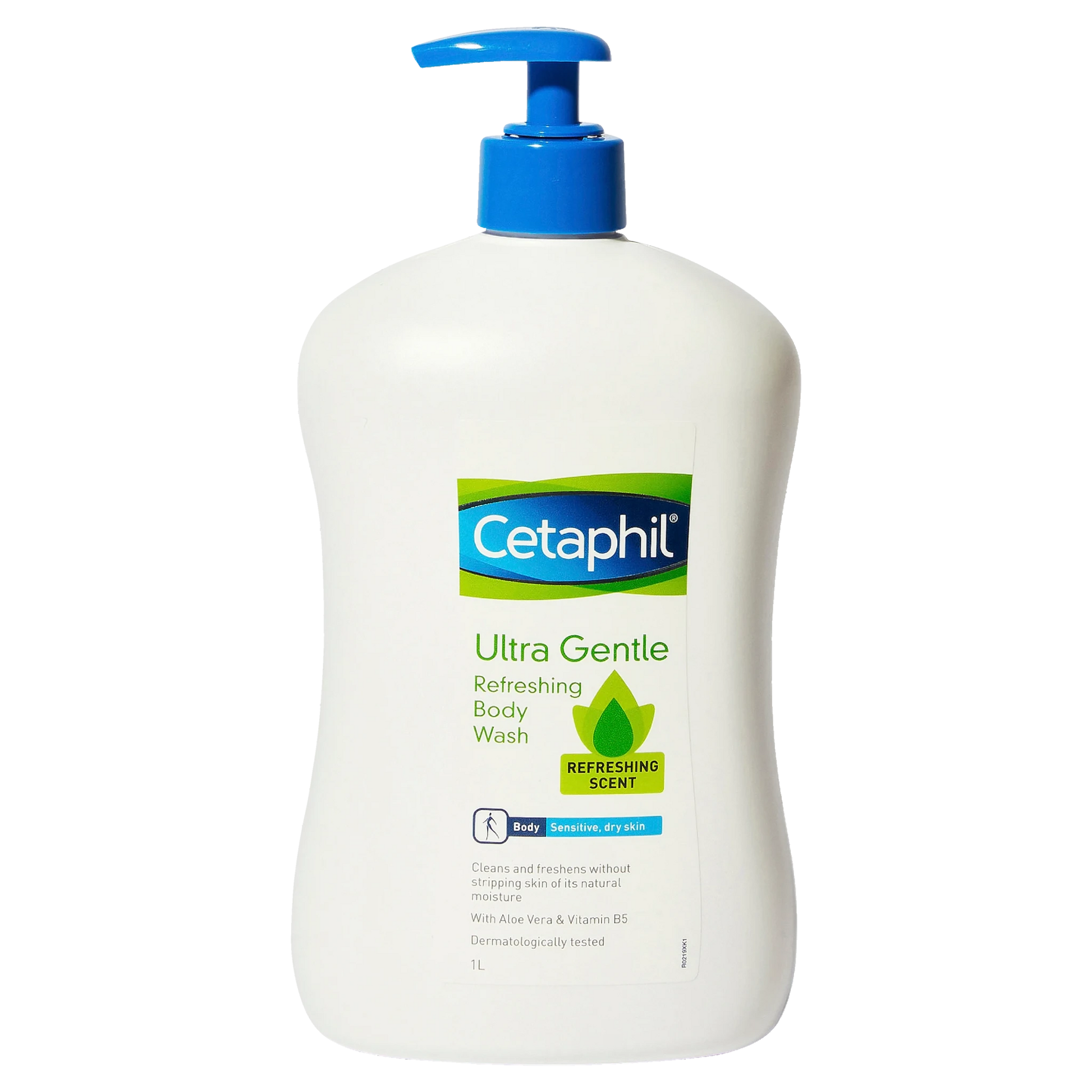 Cetaphil Ultra Gentle Refreshing Body Wash 白色泵头瓶身正面特写，黑色背景。