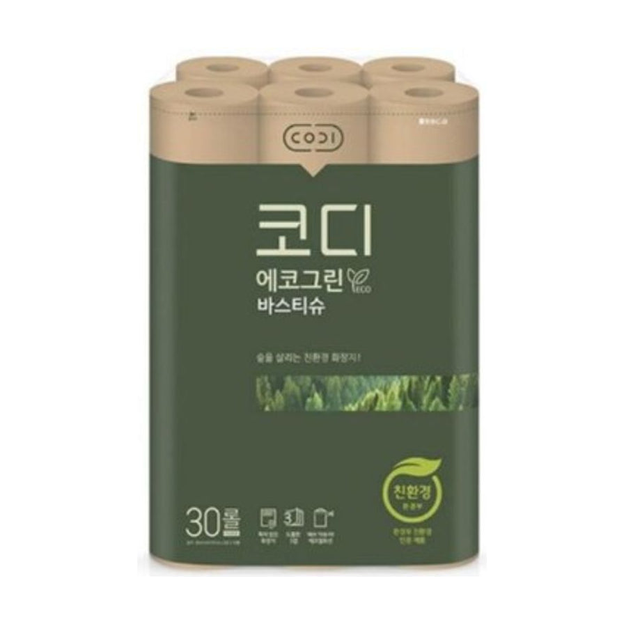 CODI 韩国优质卷筒卫生纸 30卷大容量包装，绿色环保设计，包装上印有森林图案和韩文标识。