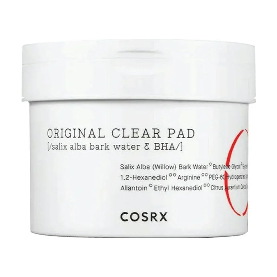 COSRX 原清爽棉片白色罐装正面图，瓶身印有 ORIGINAL CLEAR PAD 字样及成分说明
