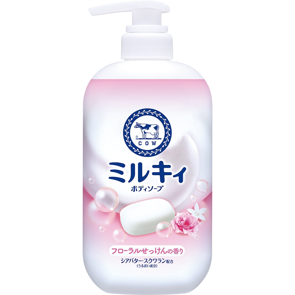 牛乳石鹸 Milky 沐浴露放松花香味正面图，粉白渐变瓶身，标签印有花朵与香皂图案。