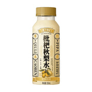 豆丁日记枇杷秋梨水瓶装正面图，白色标签印有枇杷图案，标注0糖0卡0脂。