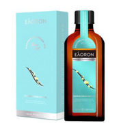 EAORON 摩洛哥护发精油产品图，展示棕色玻璃瓶身与浅蓝色外包装盒正面。