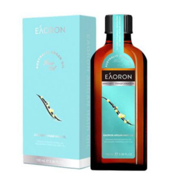 EAORON 摩洛哥护发精油产品图，展示棕色玻璃瓶身与浅蓝色外包装盒正面。