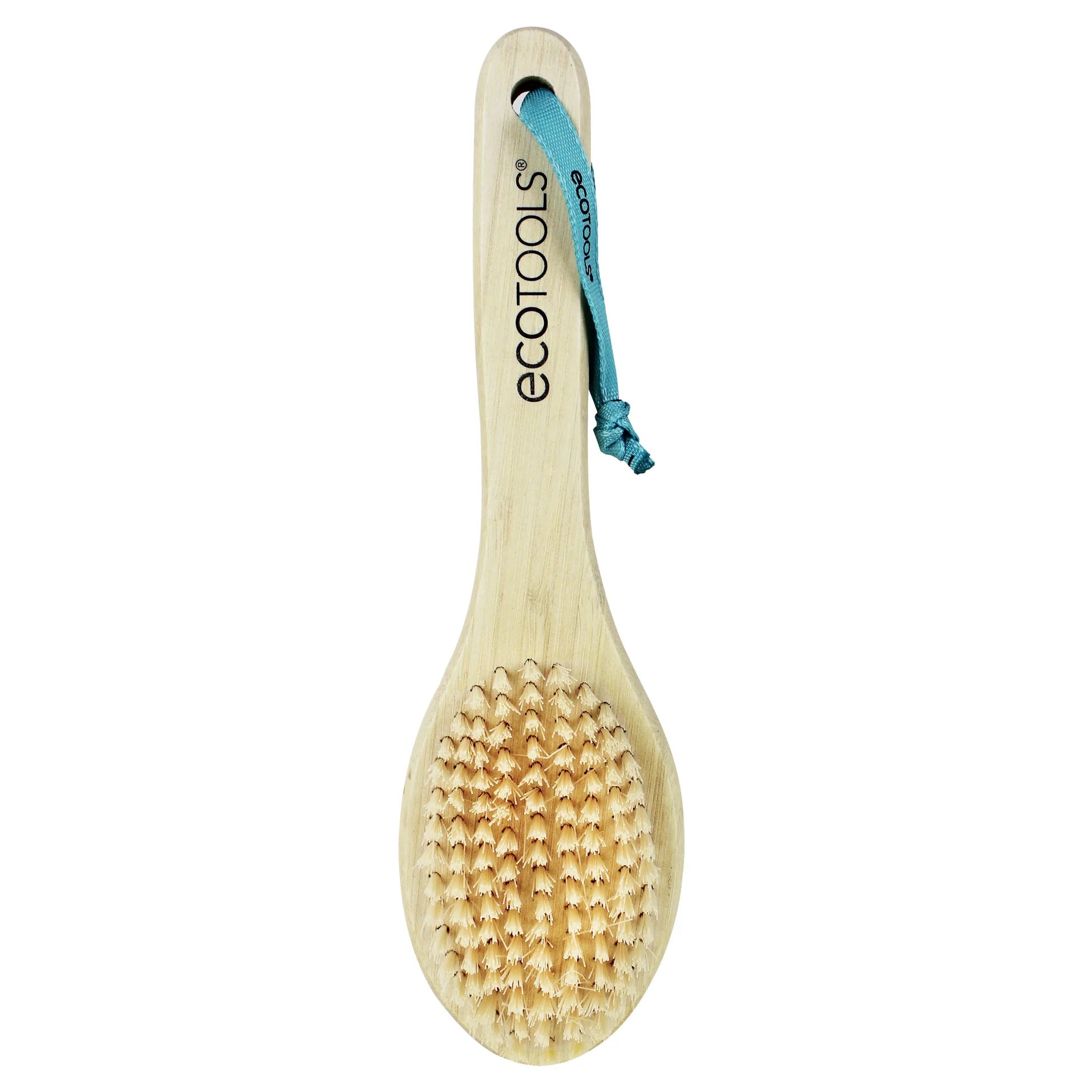 EcoTools 长柄木质沐浴刷正面特写，展示天然鬃毛刷头与蓝色挂绳细节。