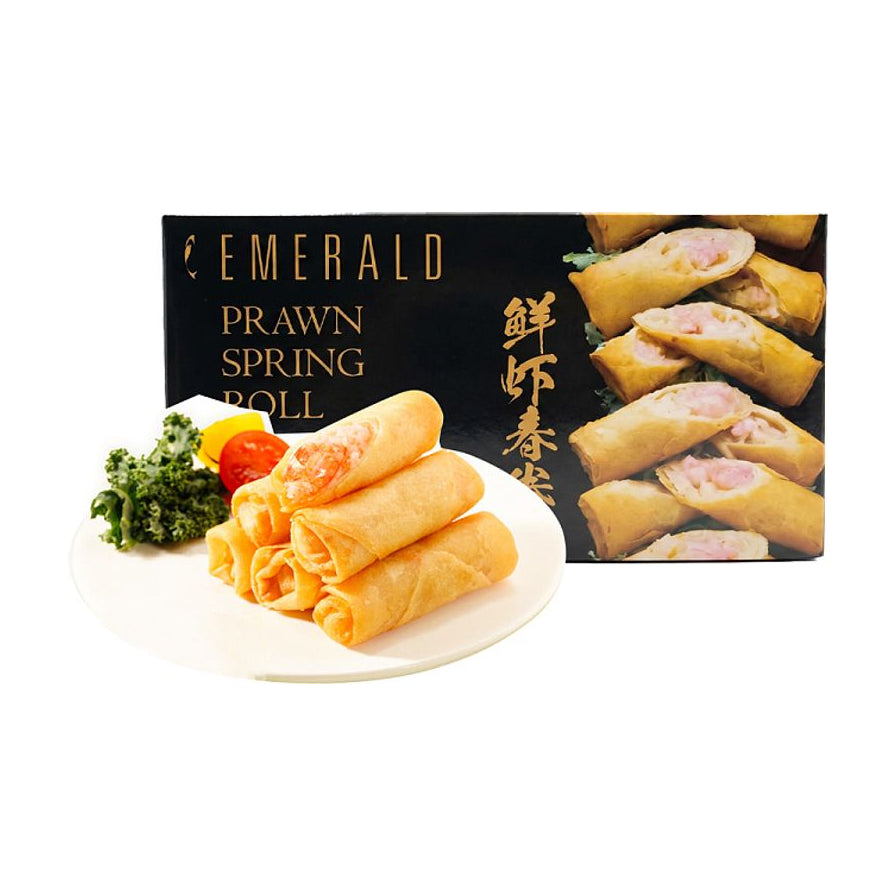 EMERALD鲜虾春卷包装盒及盘中炸好的金黄春卷，展示酥脆外皮与饱满虾肉内馅。
