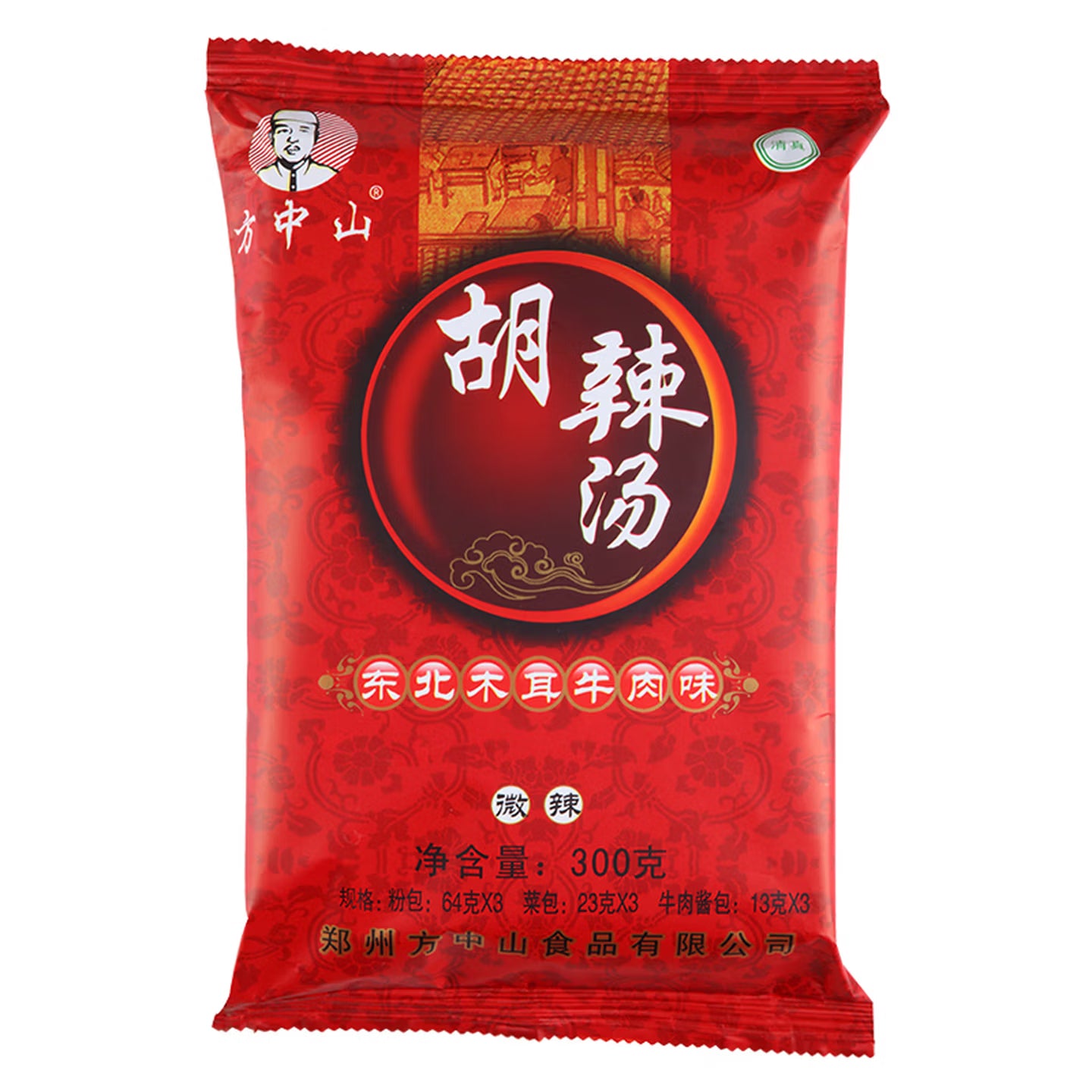 方中山木耳牛肉味胡辣汤包装，突出木耳脆嫩口感，深夜暖胃速食选择。