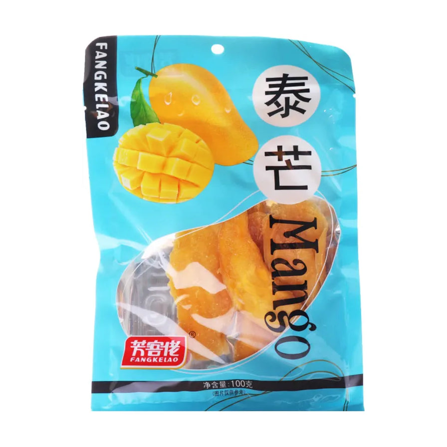 芳客佬泰芒芒果干100g包装正面图，蓝色包装袋上印有芒果图案和泰芒字样，透明窗口可见内部厚实果肉。