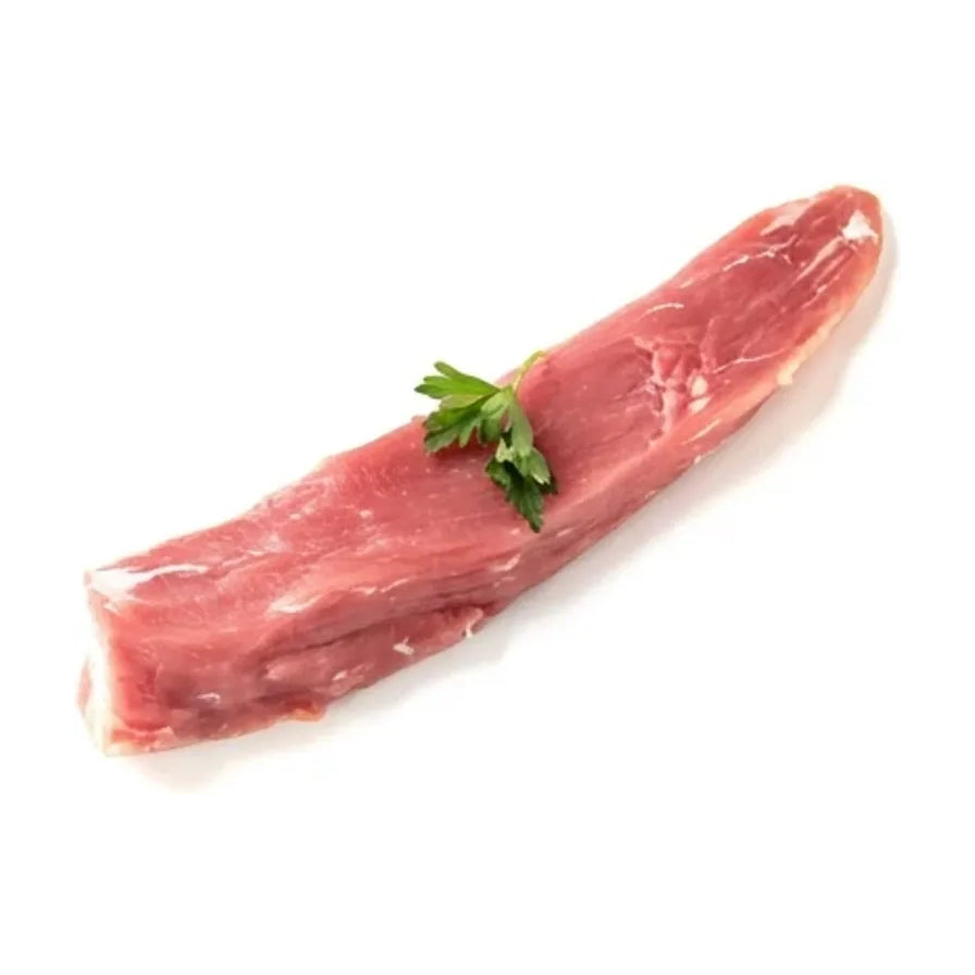 新鲜整条猪里脊肉，肉质鲜嫩，表面点缀一片绿叶，白色背景。