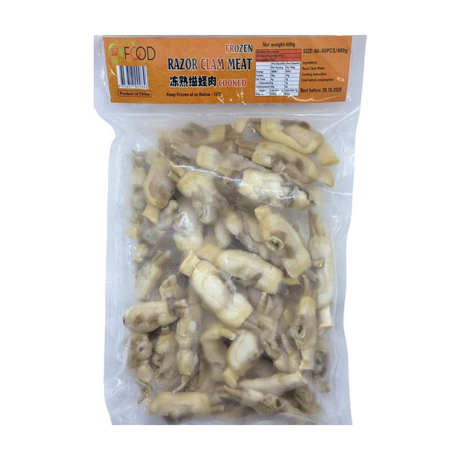 透明真空包装的冷冻熟缢蛏肉，包装上方带有橙色标签，标有“RAZOR CLAM MEAT”和“冻熟缢蛏肉”字样，可见内部去壳的蛏子肉质饱满。