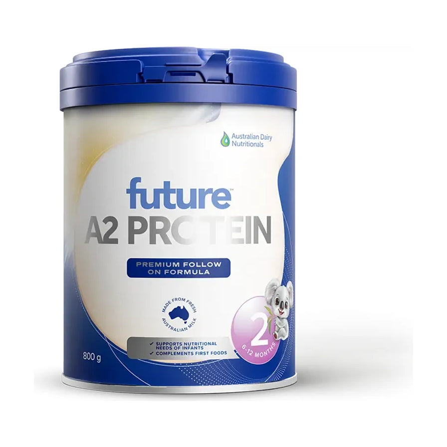 Future A2 Protein 1段婴儿配方奶粉800g罐装正面图，蓝色罐盖，白色罐身，印有考拉图案。