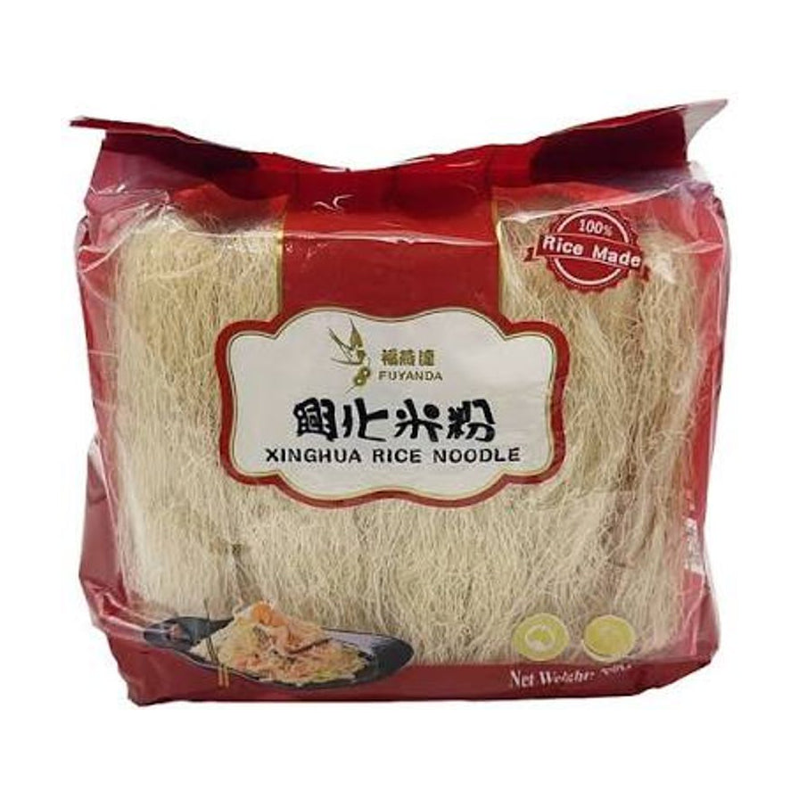 福燕达兴化米粉750g包装正面图，红色包装袋内含洁白纤细的干米粉，印有兴化米粉和XINGHUA RICE NOODLE字样。