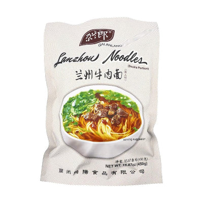 尕兰郞兰州牛肉面 450g 包装正面，展示牛骨原汤料包与半干鲜面组合