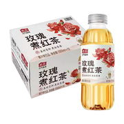 元气森林煮茶玫瑰红茶，包含一瓶550ml瓶装茶饮和一箱15瓶装的整箱包装，包装上印有红色玫瑰花图案和玫瑰煮红茶字样。
