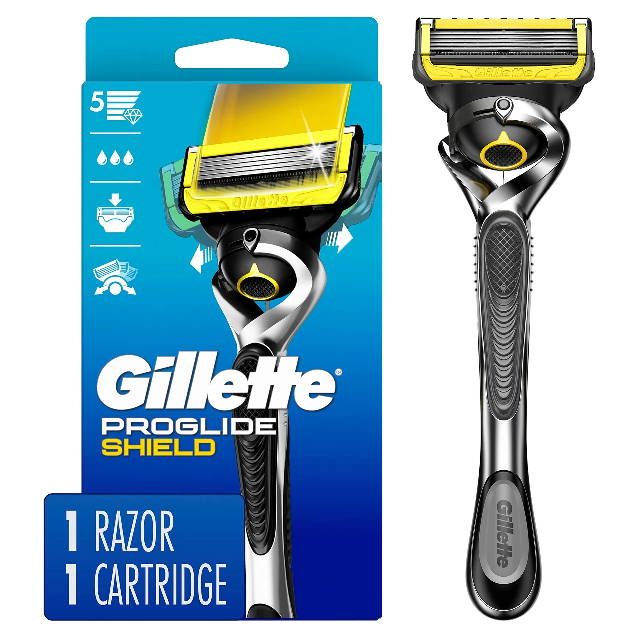 吉列 ProGlide Shield 剃须刀套装展示，包含蓝色包装盒及独立刀架，包装上印有 5 层刀片及润滑条图标。