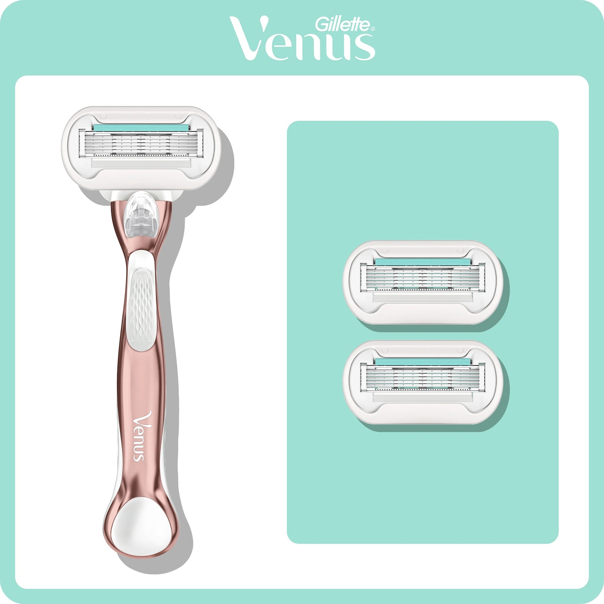 Gillette Venus 玫瑰金除毛刀与两个替换刀头的细节展示图，背景为薄荷绿。