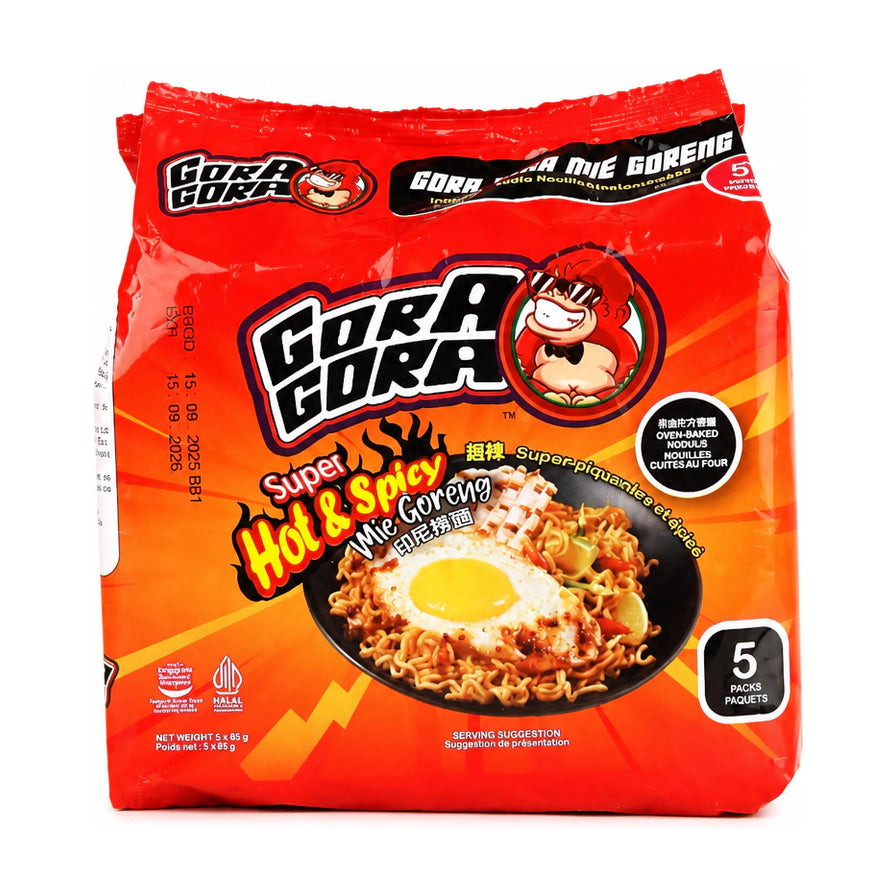GORA GORA 印尼捞面超辣口味5连包红色包装，正面印有品牌大猩猩图标和一碗配有煎蛋的捞面效果图。