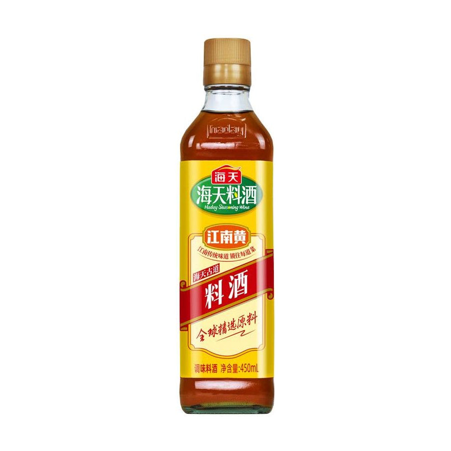 海天料酒正面图，瓶身标签显示江南黄、全球精选原料及450ml净含量，白色背景。