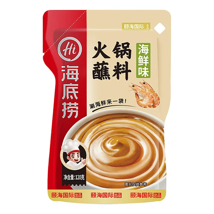 海底捞海鲜提鲜火锅蘸料包装，口感鲜甜，适合搭配海鲜粥或青菜。