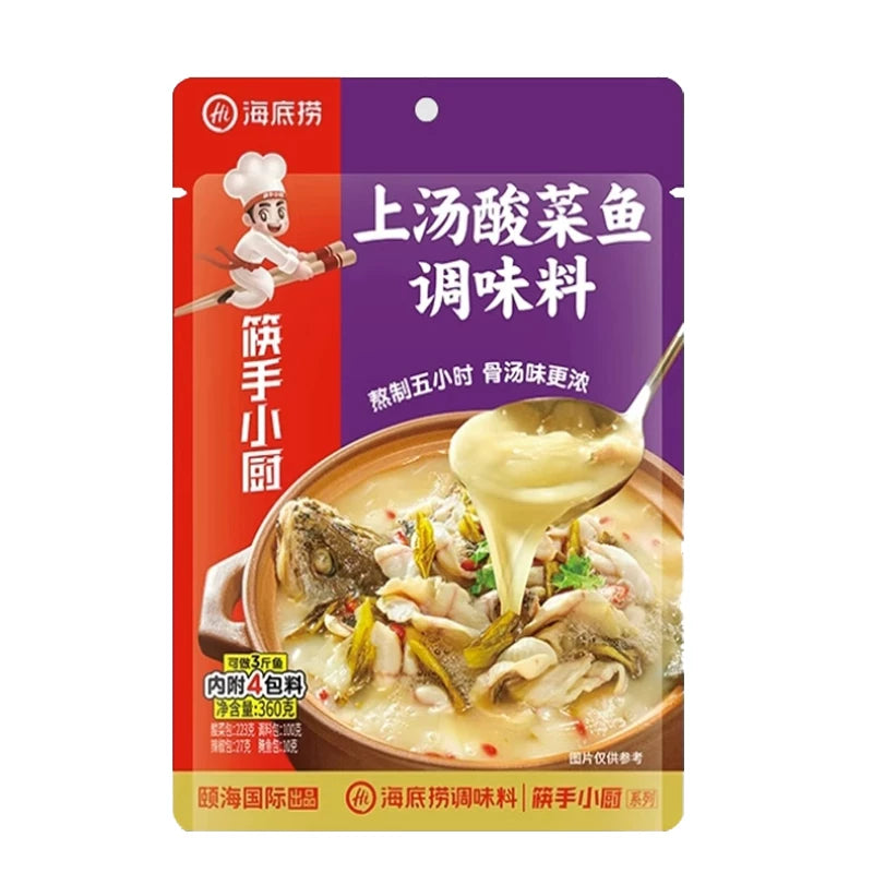 海底捞上汤酸菜鱼调料 360g 包装正面，内含四包独立料包