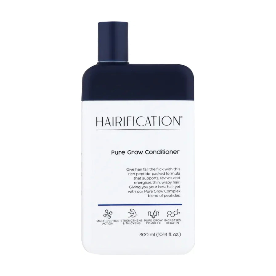 Hairification Pure Grow 护发素单瓶正面展示，白色瓶身配深蓝色瓶盖，标签包含多肽成分说明及容量信息。