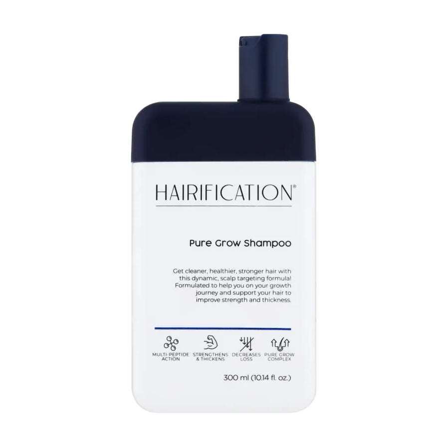 Hairification Pure Grow 洗发水单瓶正面展示，白色瓶身配深蓝色瓶盖，标签清晰显示品牌与产品功效图标。